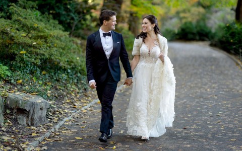 bride and groom walking 