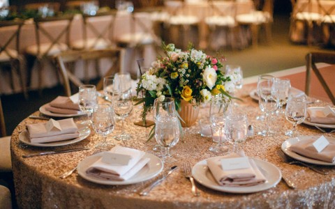 Closeup of an elegant table prepared for a wedding celebration