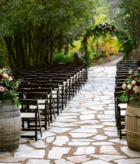 View of a wedding set up surrounded by trees