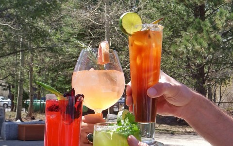 4 people holding up four different types of cocktails