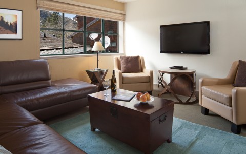 living room area with a large, dark brown sofa and two light brown sofa chairs next to the window and tv speare suite