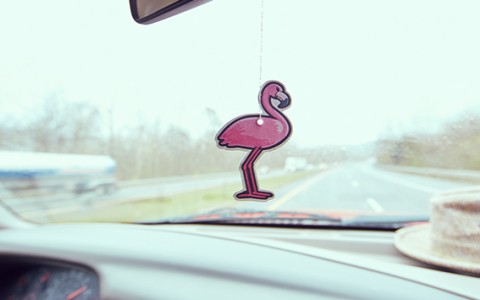 flamingo ornament hanging from rear view mirror