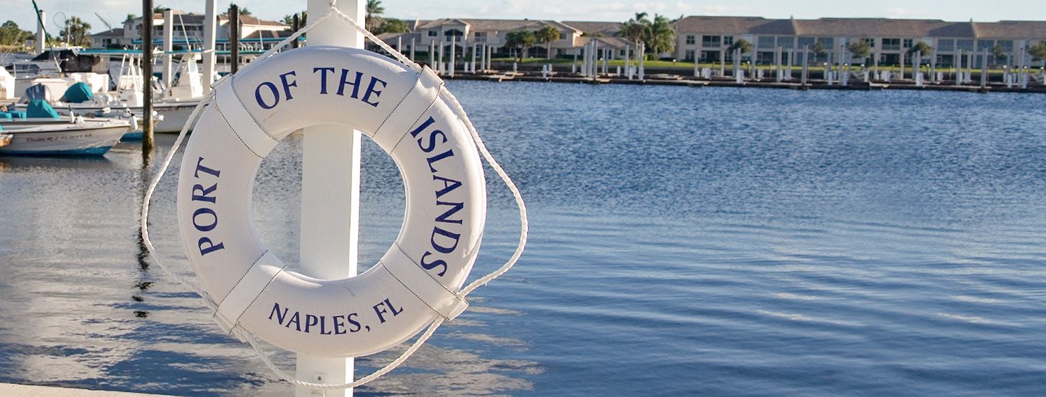 Port of the islands written on a lifesaver by the marina
