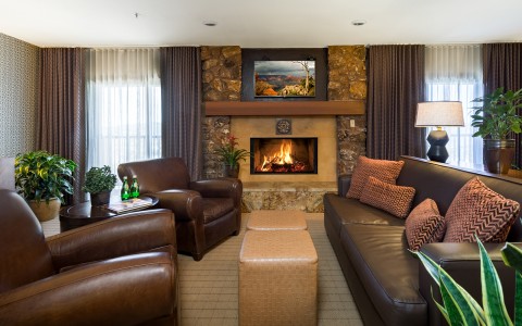 living room area with a fireplace 