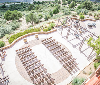 large area set for a wedding ceremony aerial view