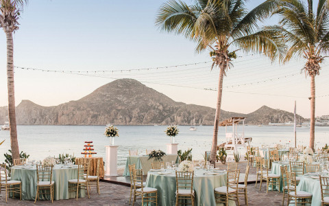 wedding reception set up by the water