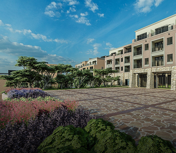 a courtyard with plants and trees in front of a building