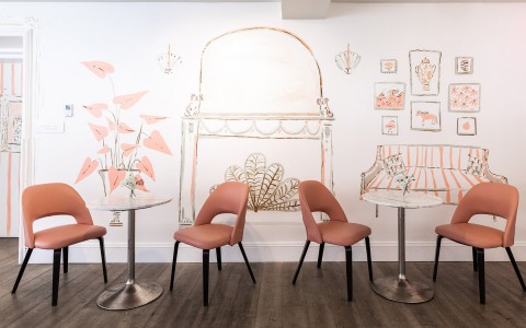 View of two pink chairs and a beautiful and delicate mural painting