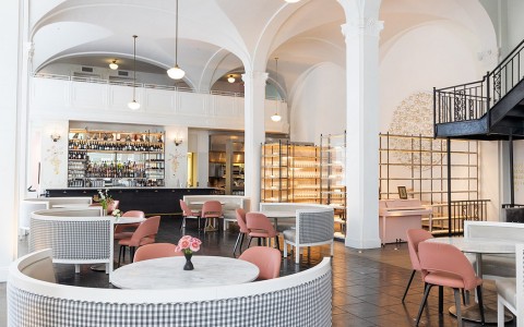View of some dining tables at the Quirk lobby