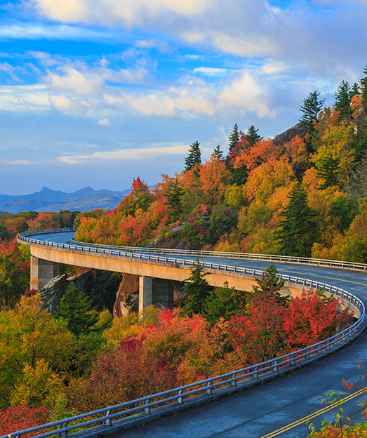 view of a road surrounding the mountains during fall time