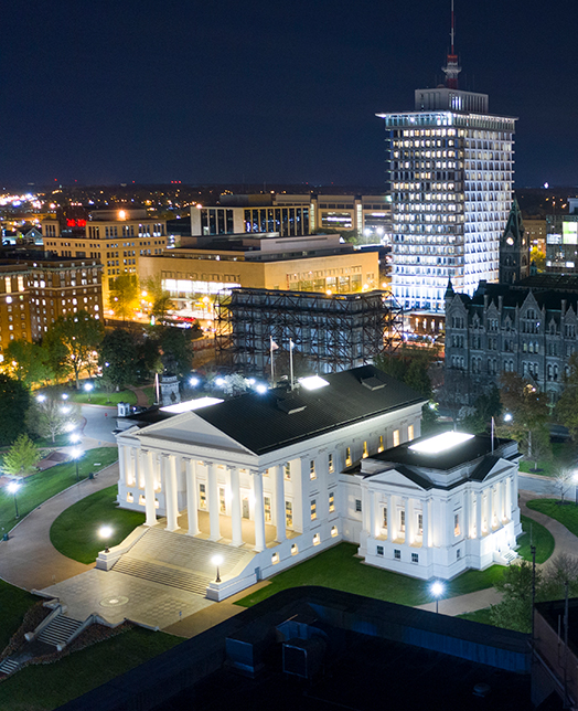 aerial view of a historic building in the night 