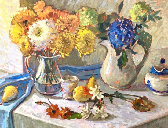 Painting of two vases of flowers on a table 