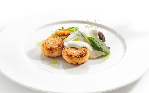 View of a gourmet dish with fried chicken and a white sauce on top
