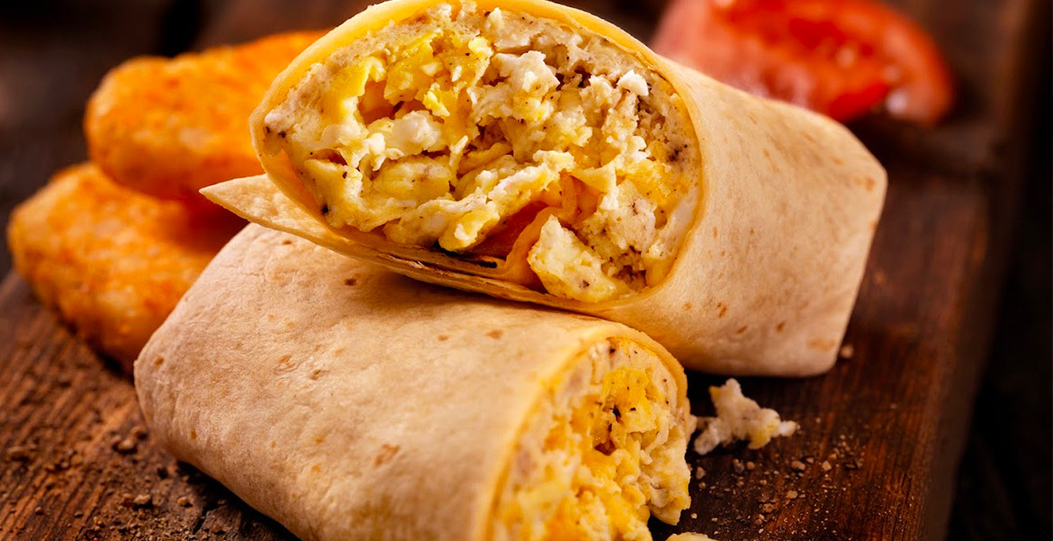 View of a gourmet wrap full of omelette
