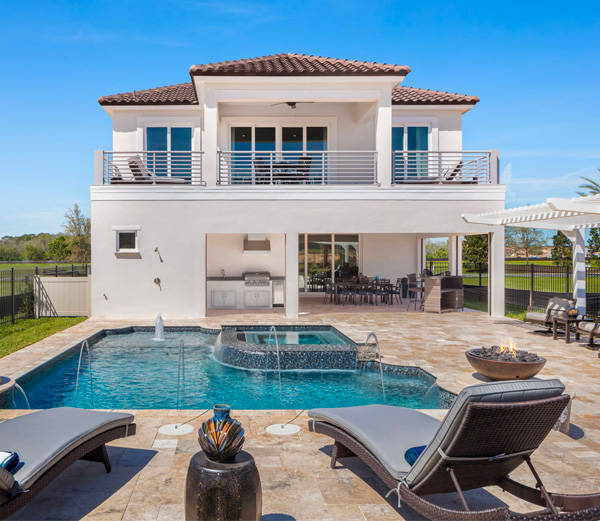 aerial view of vacation home with pool in the backyard
