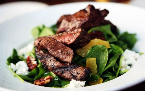 zoomed view of steak dinner