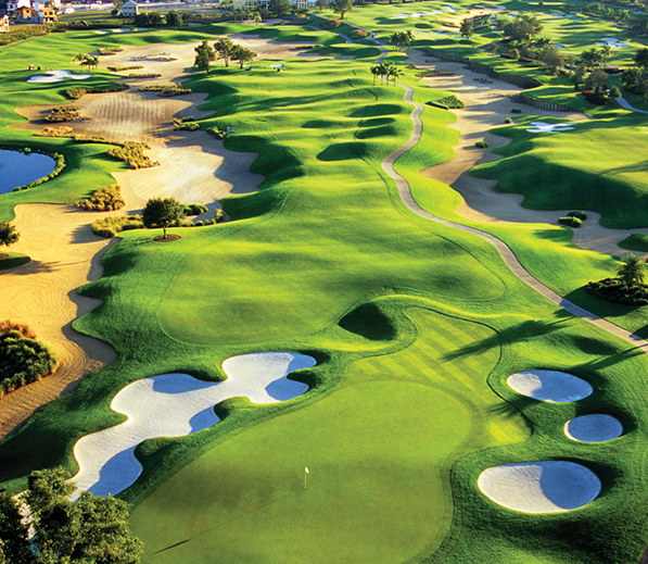 aerial view of the golf course with many bunkers