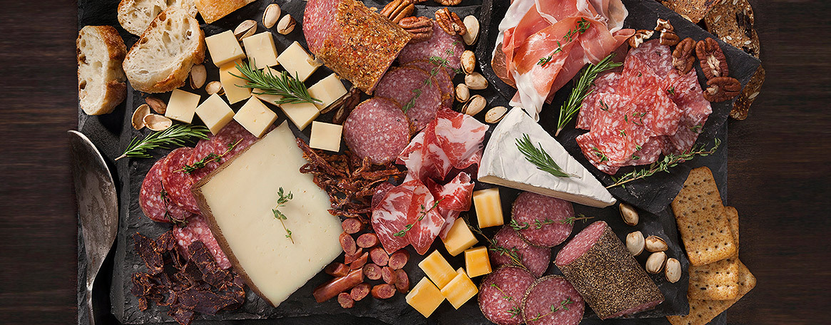 overhead view of charcuterie board