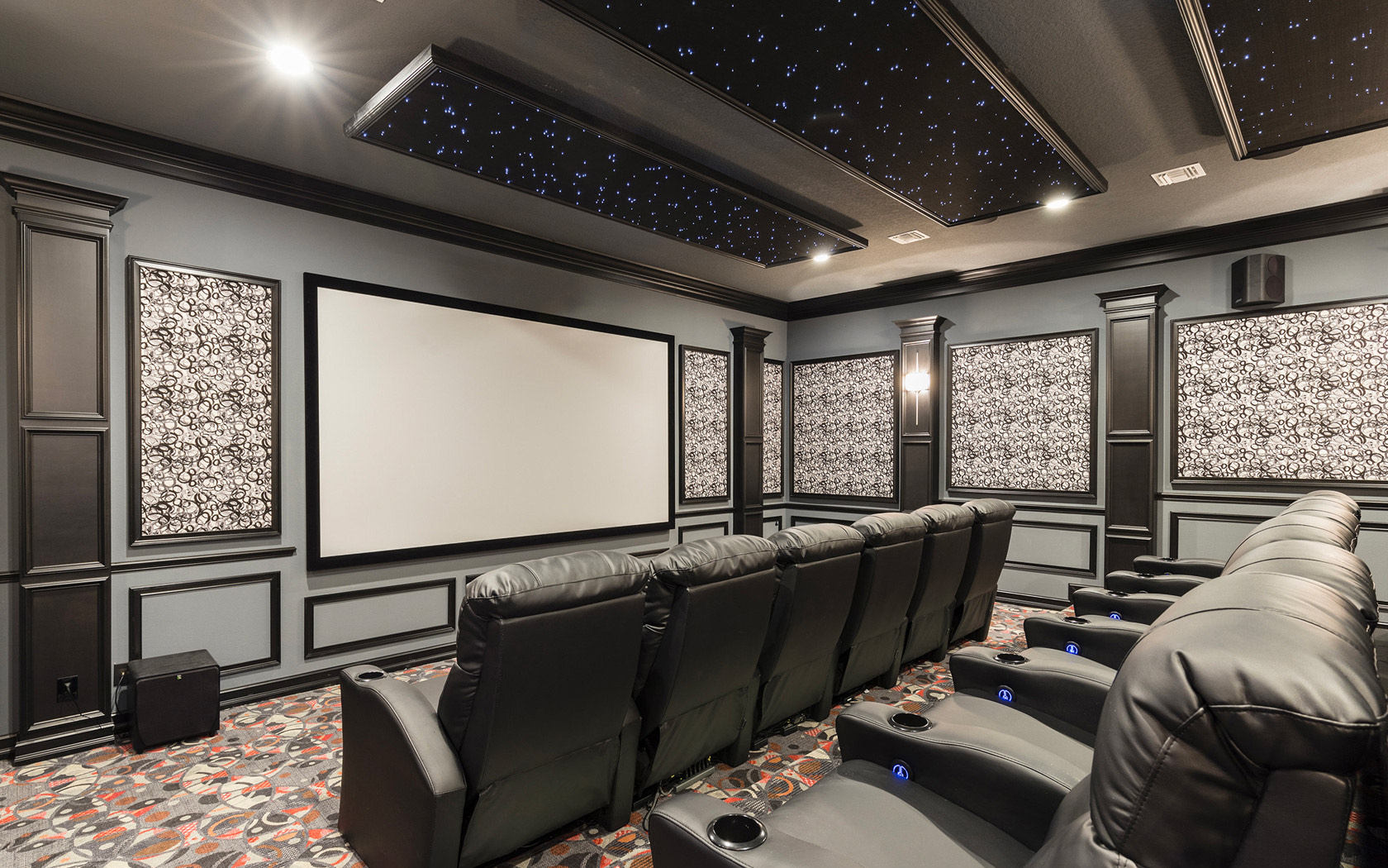 private movie theatre with black chairs