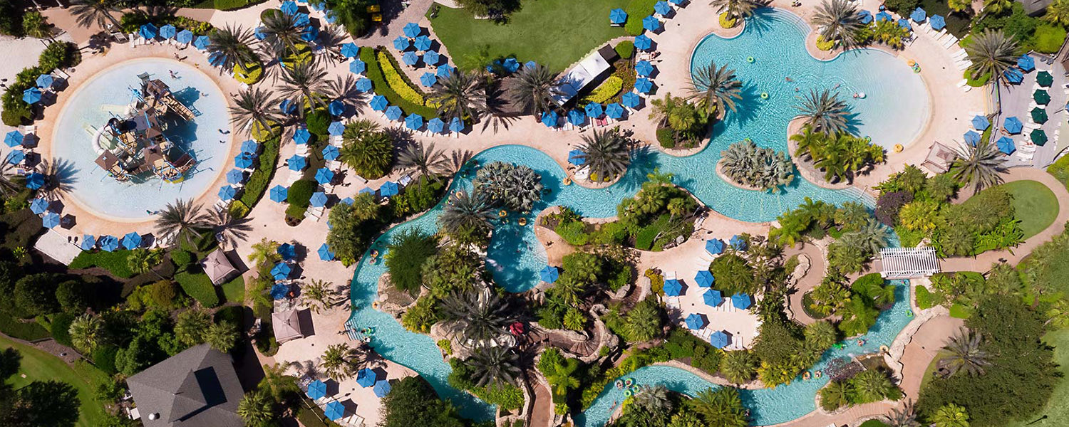 aerial view of pools and lazy river