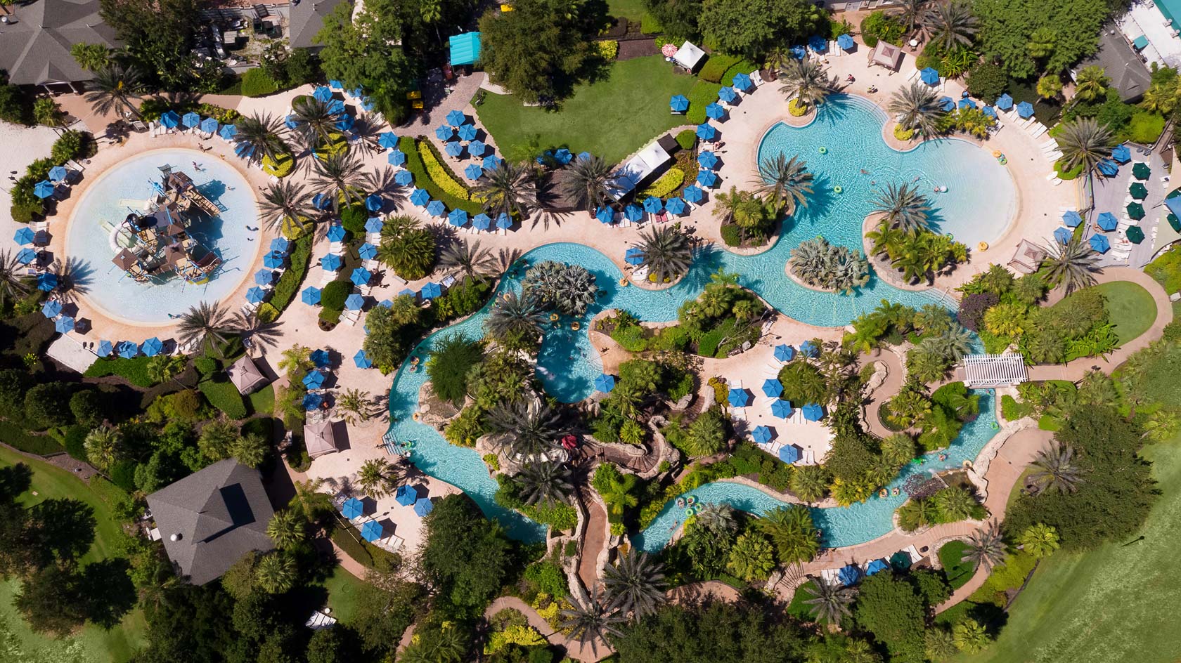 aerial view of pools and lazy rivers