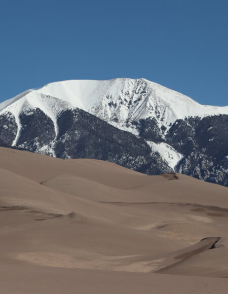 sand dunes and an icy mountain in the back