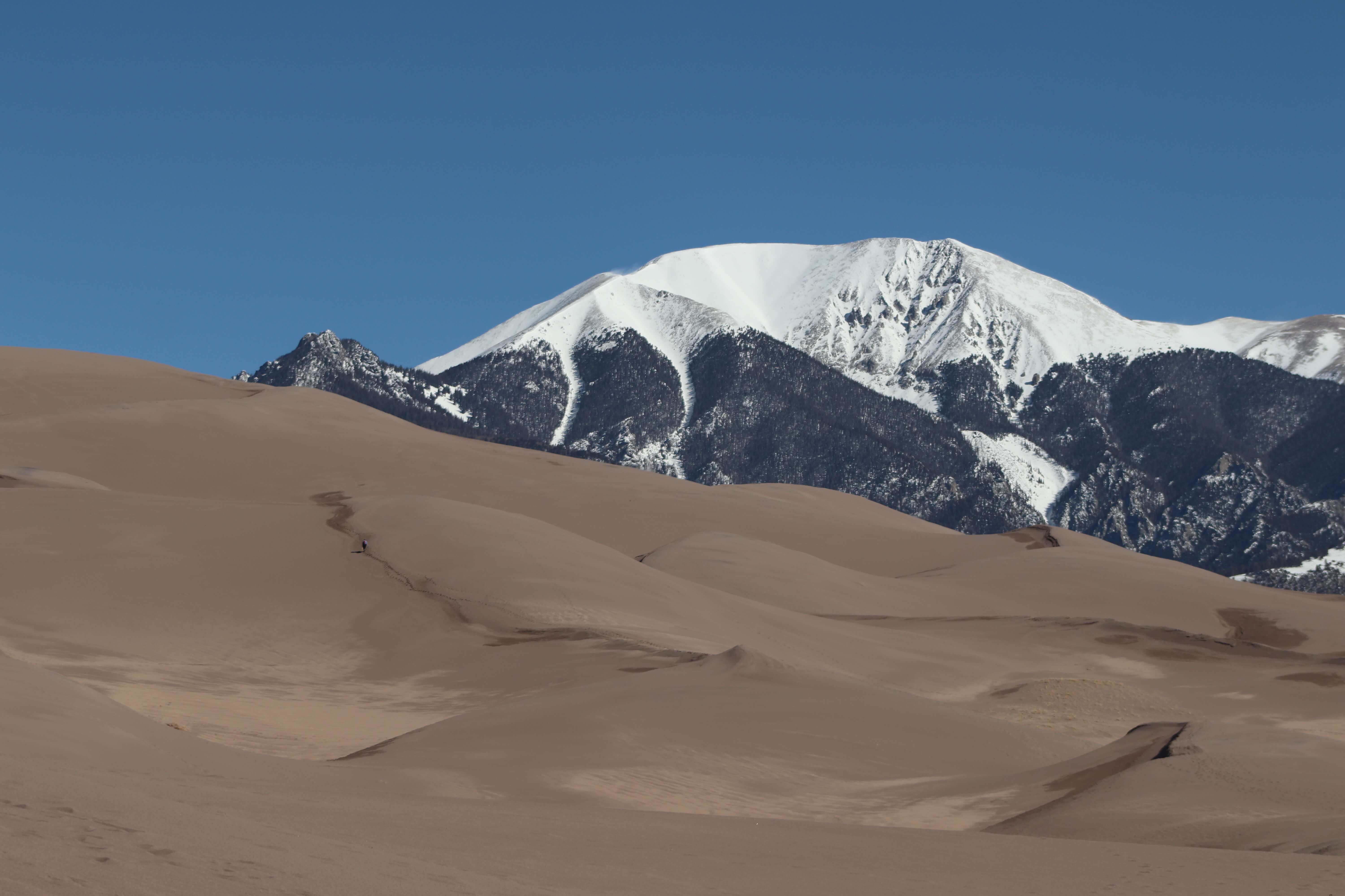 sand dunes and an icy mountain in the back