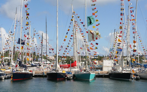 Sailboats with small flags tied all over sail