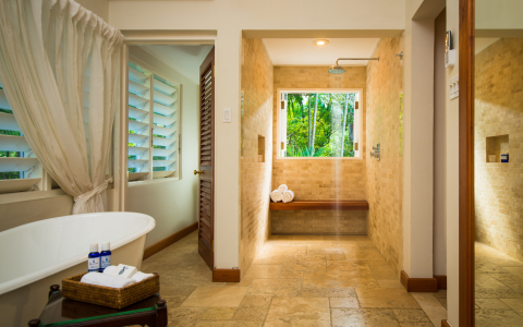 modern caribbean bathroom with rainfall shower