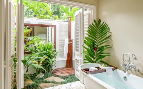bathroom with brown wood outdoor shower