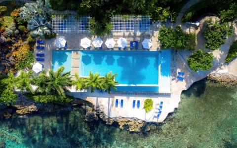 Aerial shot of the property pool surrounded by green plants and the seashore 