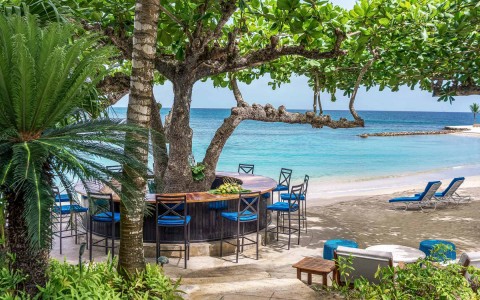 bar wrapped around a tree on the sand next to the ocean