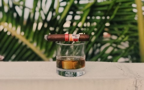 glass of whiskey with cigar lying on top