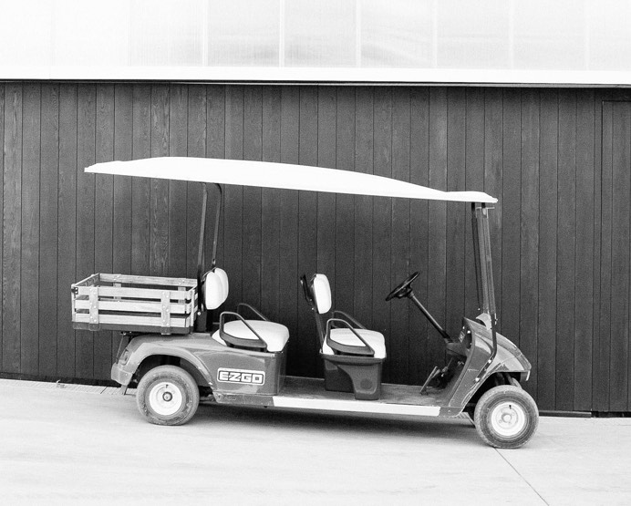black and white image of golf cart