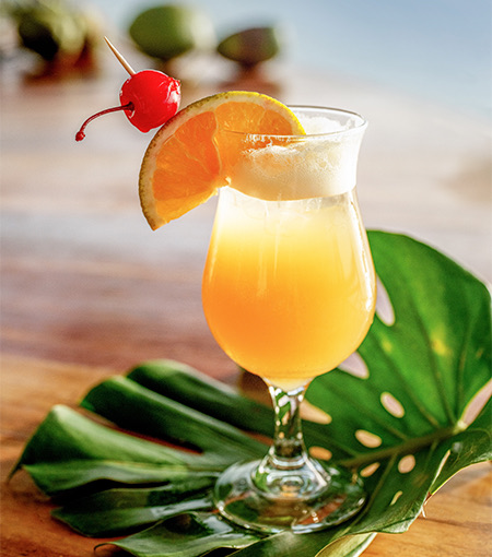 orange tropical cocktail on a palm leaf