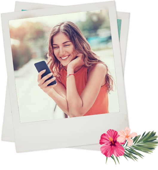 Polaroid of woman holding phone smiling