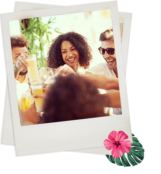 group of friends smiling and toasting drinks in white polaroid frame