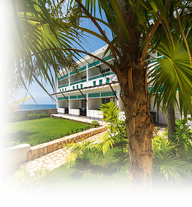 view of resort rooms with palm trees and ocean backdrop