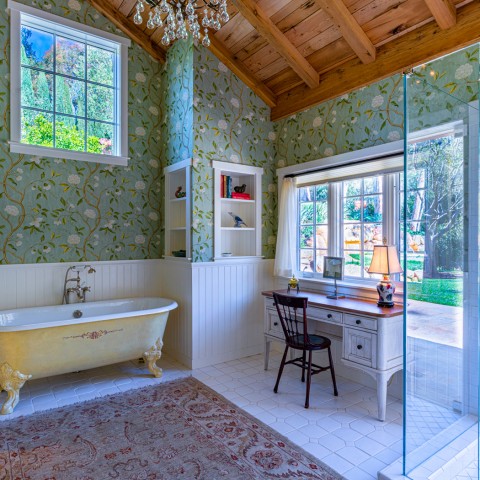 san ysidro eucalyptus bathroom with green floral wallpaper