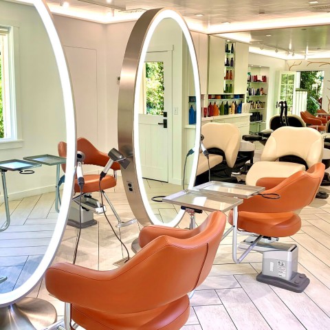 salon chairs with big oval mirrors 