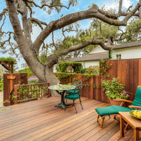 cottage front patio with big tree and chairs