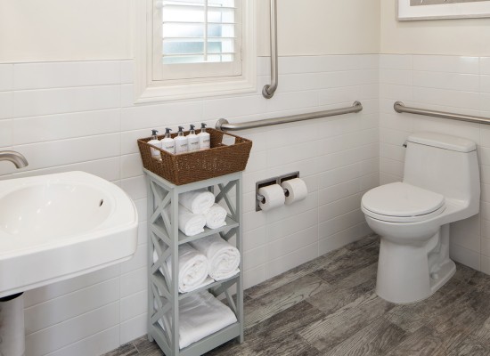 bathroom with toilet sink rails and towels