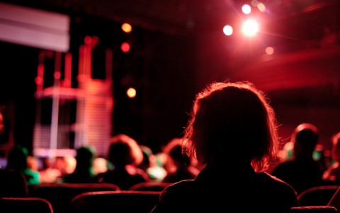 People sitting at concert with red lights shining