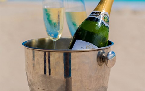 champagne bucket with bottle of champagne and 2 filled glasses