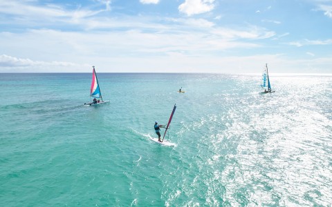 many people on the water windsurfing and on hobie cats