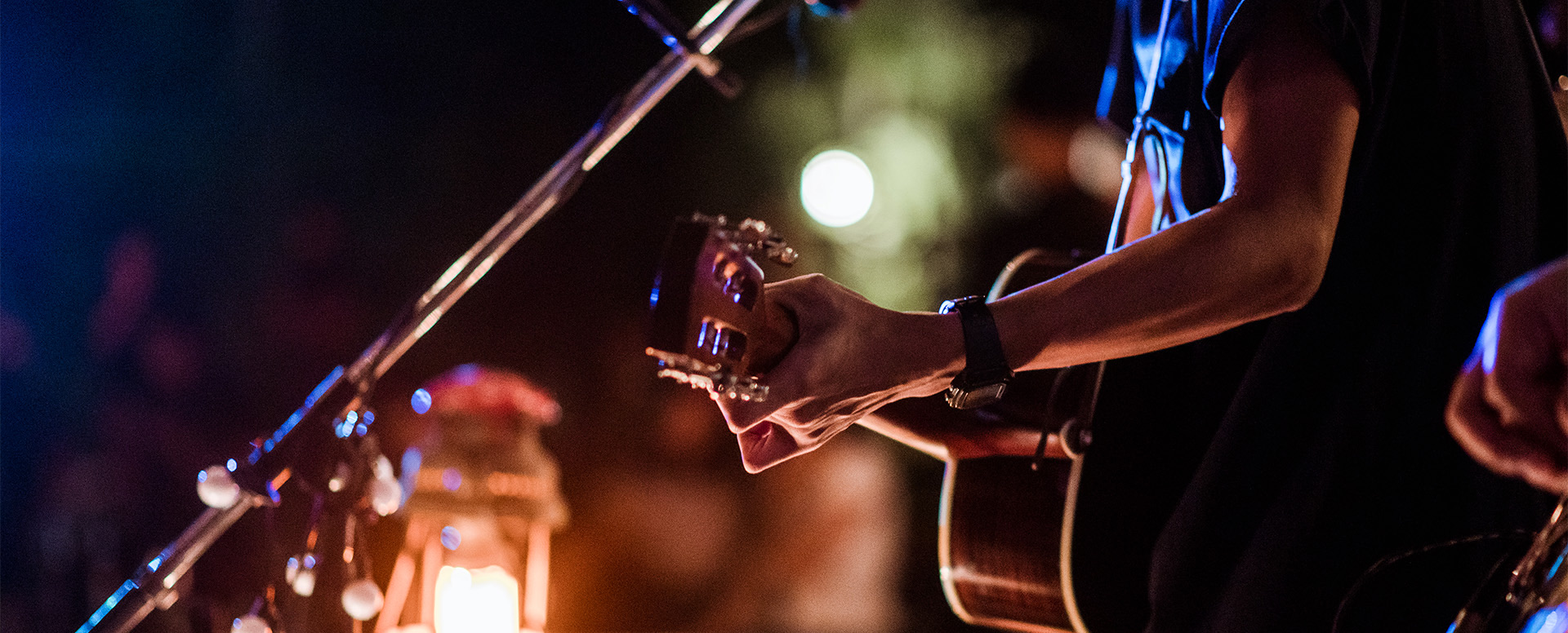 person playing guitar and singing into mic
