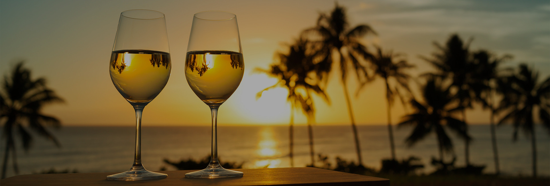 2 wine glasses with palm tree reflection in them