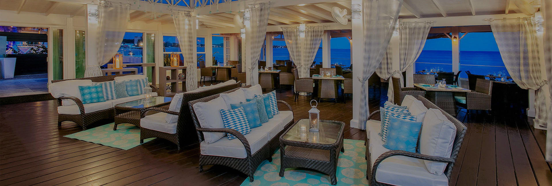 lounge area in restaurant with blue pillows