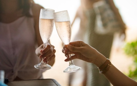 Close up of two woman toasting with champagne glasses 