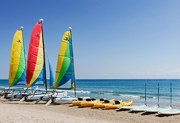 water sports equipment organized on the beach